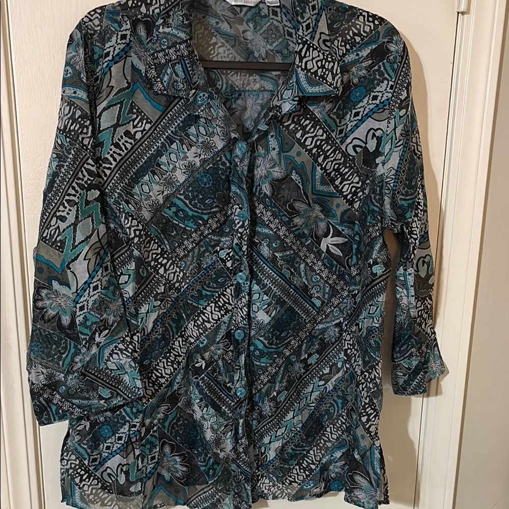 Erin London Graphic Blue and Green Button Down Shirt- XL